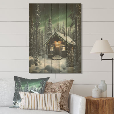 Festive Winter Forest Cabin - Forest On Wood Print