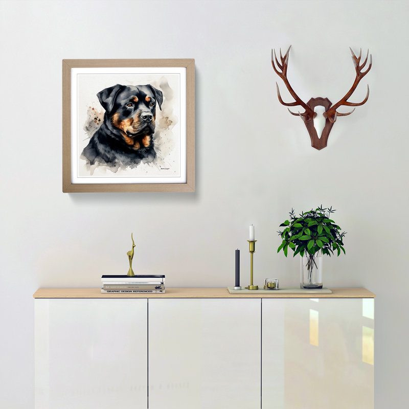 Rottweiler Ink Wash No.1 - Single Picture Frame Print on Wood, Oak