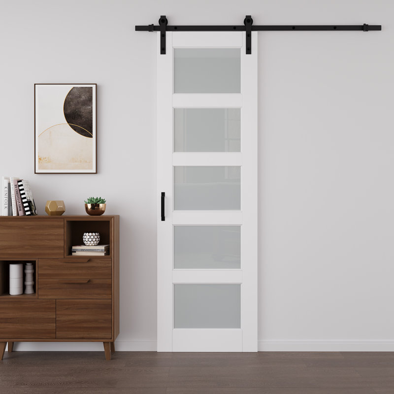 Porte coulissante de style grange, 5 carreaux, verre trempé dépoli, apprêt blanc, 96 po H x 30 po L, avec trousse de quincaillerie d'installation et fermeture amortie. Aucun assemblage requis.