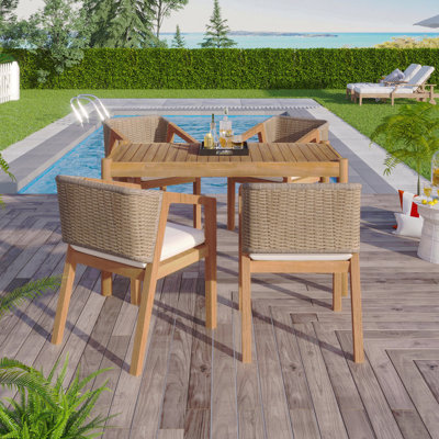 Ensemble de 5 chaises d'extérieur en bois d'acacia, 1 table et 4 chaises, teck et beige