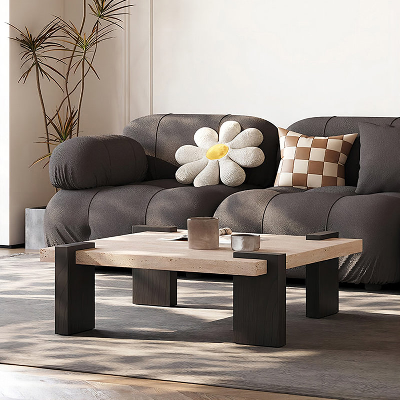 Table basse carrée noire et blanche avec pieds en bois massif