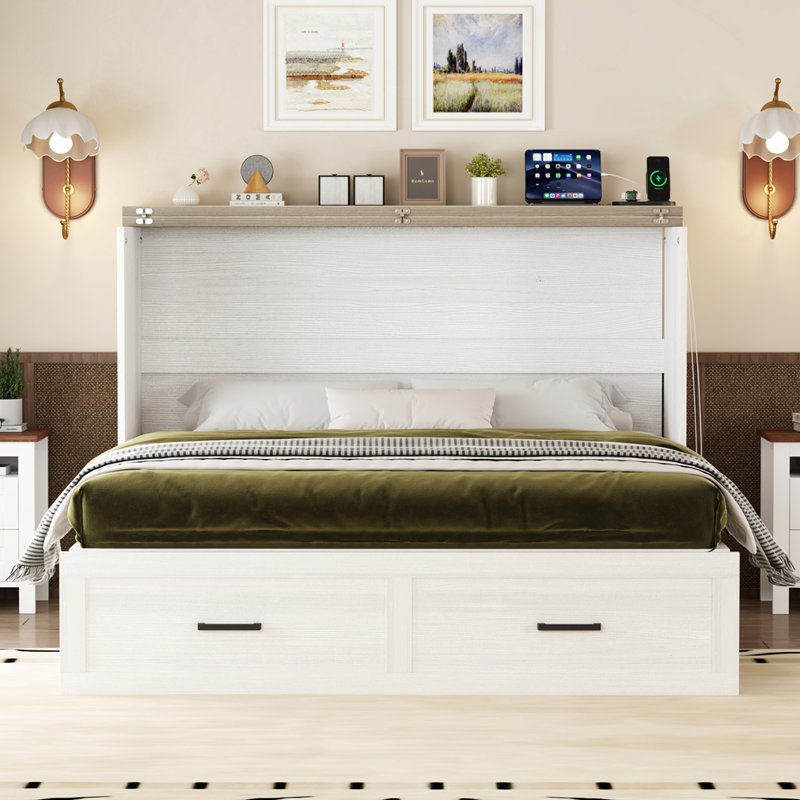 Grand lit escamotable style ferme avec station de charge, lit plateforme pliable avec grand tiroir de rangement pour chambre d'amis, petite chambre