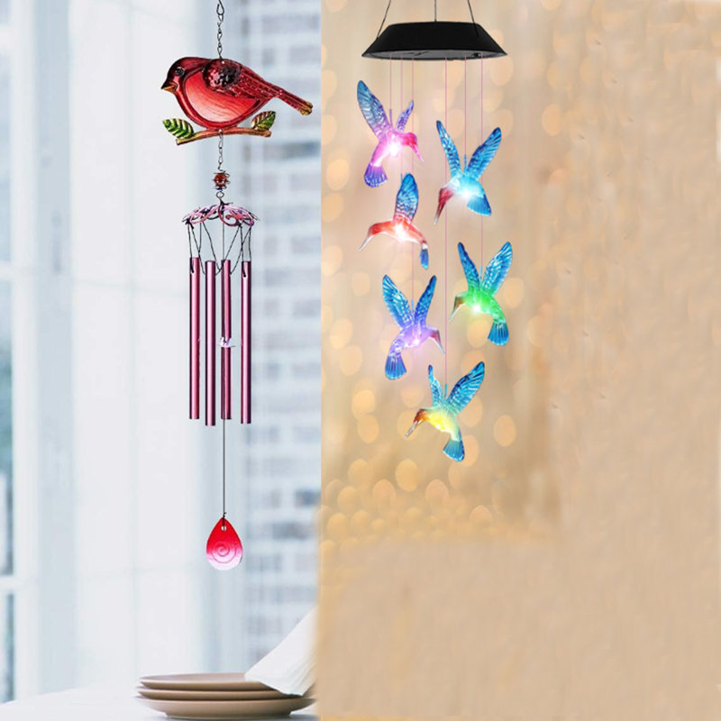 Carillon solaire à colibri avec changement de couleur des lumières solaires à DEL avec carillons cardiaques