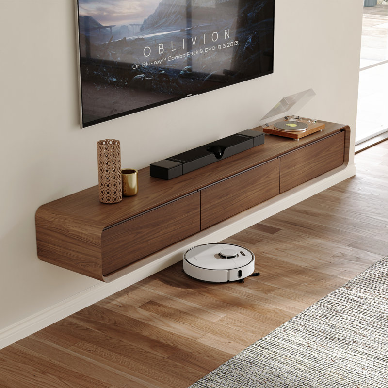 Meuble télé , centre de divertissement avec 4 tiroirs, bois massif, entièrement assemblé, Marron foncé, 62.99''