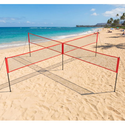 Ensemble de 4 filets de volleyball carrés 14 pi, 3 hauteurs réglables, filet de polyéthylène portatif avec sac de pompe à balle pour les jeux de plage