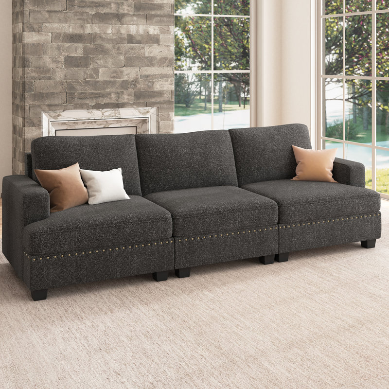 Anureet 3-Seater Modular Sofa Couch Upholstered Small Sectional Sofa, Dark Gray Polyester