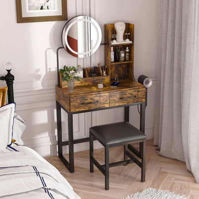 Makeup Vanity With Led Lights&3 Colour And Power Outlet Makeup Vanity Table With 2 Big Drawers With Sturdy Metal Leg And Metal Chair, Dressing Table For Bedroom Dressing Room (Brown)