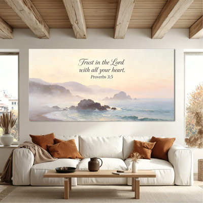 Grande reproduction d'art mural de la Bible chrétienne - sérénité côtière, psalm 3: 5 verset biblique, reproduction d'art pour salon, toile tendue avec cadre en pin, 28 po x 58 po