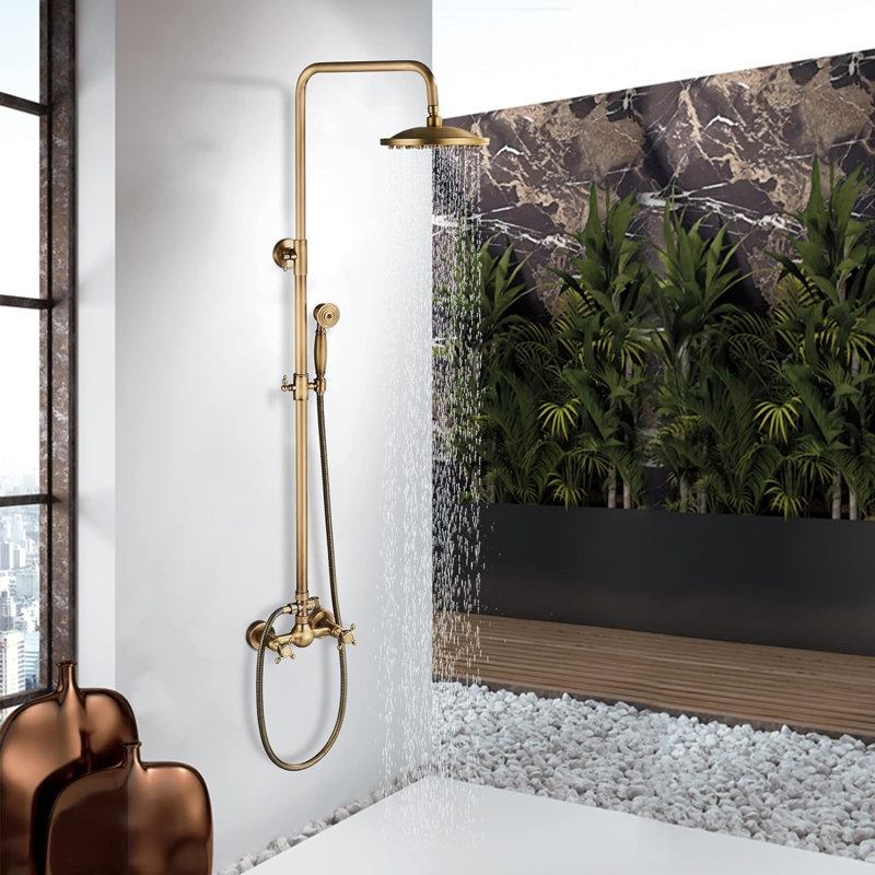 Antique Brass Shower System Bathroom Shower Faucet Set with 8 Inch Rainfall Shower Head Handheld Spray 2 Cross Handles Wall Mounted Outdoor Shower Fixtures Solid Brass