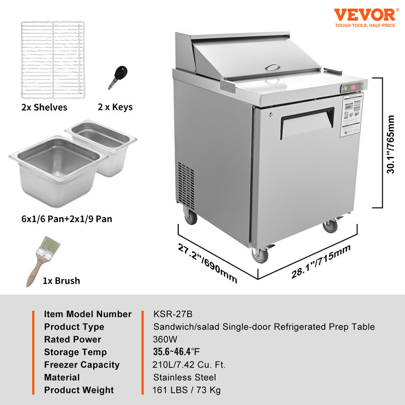 VEVOR 7.42 Cubic Feet Prep Refrigerator - 28''