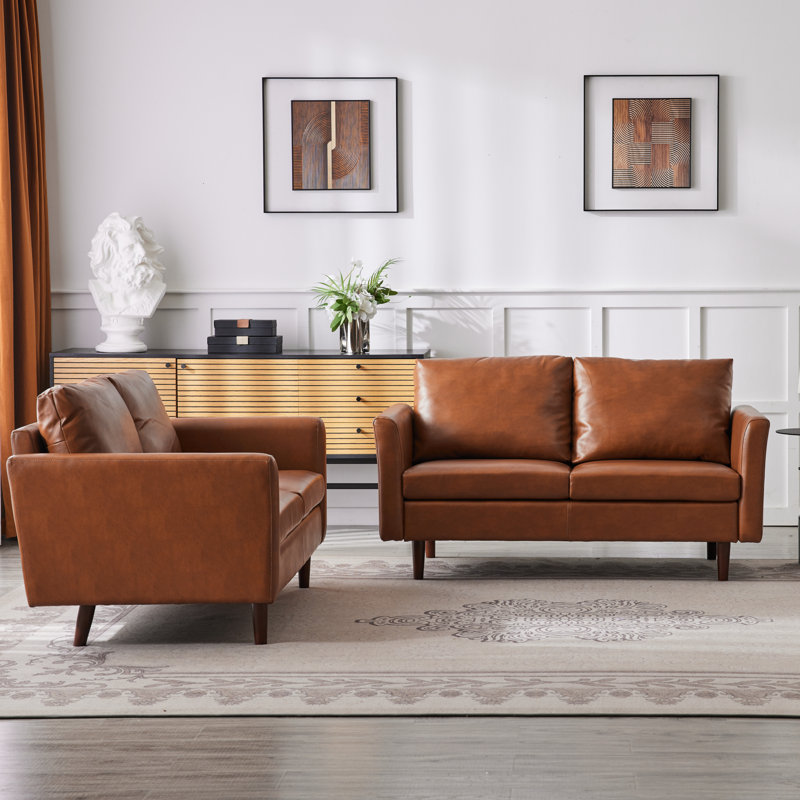 58.26'' W Faux Leather Loveseat With Solid Wood Legs(Set Of 2), Coffee Brown