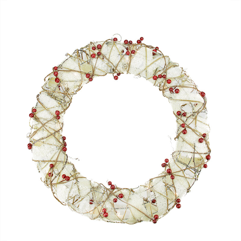 Couronne de Noël artificielle pré-éclairée avec baies - lumières claires de 18 pouces