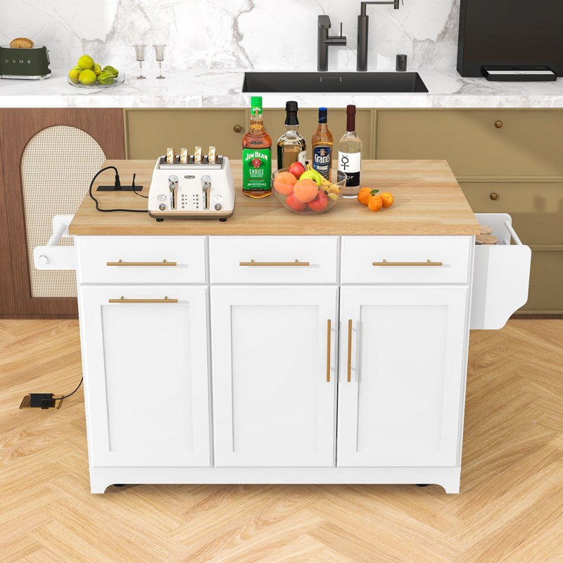 Rolling Kitchen Island with Drop Leaf, Trash Can Cabinet, Pull-Out Cabinet and Power Outlet, White