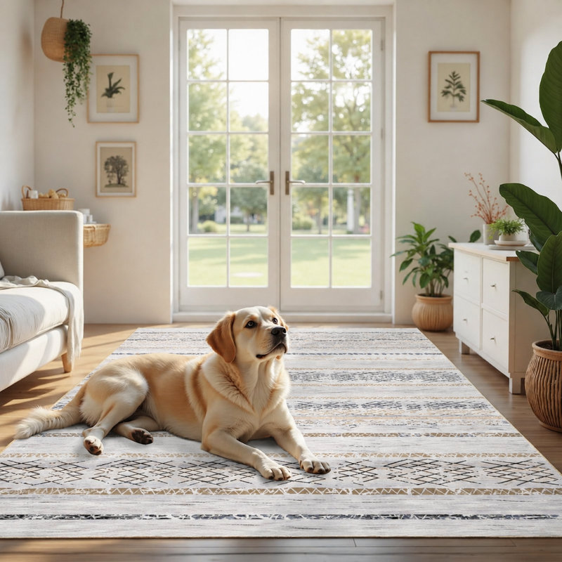 Tapis à rayures Bohemian, Beige / Charcoal, Rectangle 9' x 12'