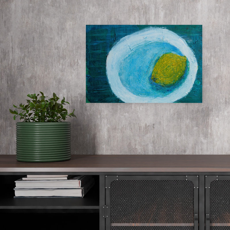 «Lemon In Blue Bowl», impression abstraite, fruit contemporain, océan, impression murale, 12" H x 18" W