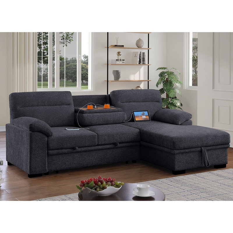 Canapé-lit modulaire en chenille en tissu avec méridienne gris foncé Chenille, Gris foncé