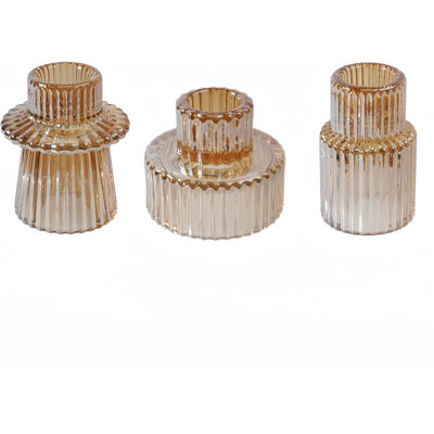 Set of 3 Ribbed Reversible Clear Glass Taper Candle Holders, Lead-Free Candlesticks for Wedding Table Centerpiece & Holiday Home Decor