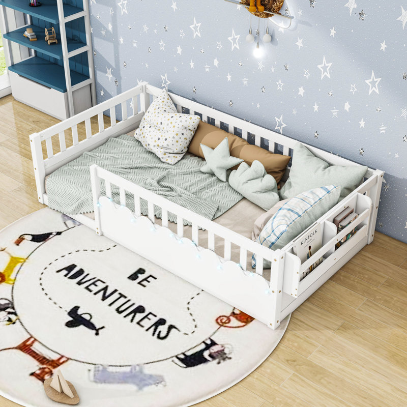 Wood Montessori Floor Bed With Light And Guardrails, Twin, White