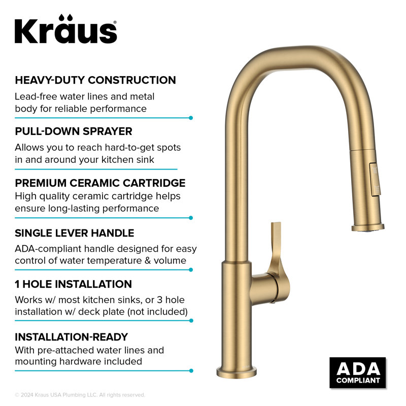 Kraus Torak 2-Function Single Handle Pull Down Kitchen Faucet, Brushed Brass