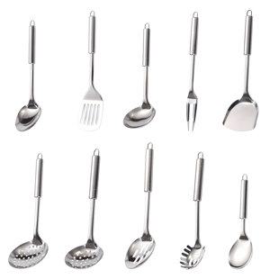 Stainless Steel Kitchen Utensil Set - 10-Piece Cooking Tools Including Slotted Spoon, Soup Ladle, Pasta Server, And Skewers For Everyday Culinary Needs