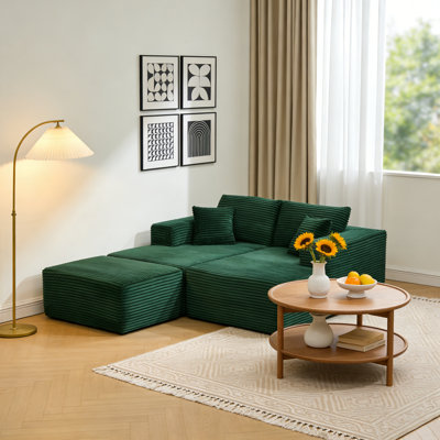 73.4" Corduroy 2-Seater Compression Sofa with Ottoman, No Assembly Required, Foam & Independent Pocket Springs