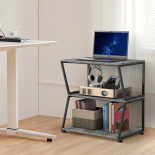 Meuble média industriel à 2 niveaux - Cadre en métal noir mat avec tablettes en bois gris foncé, rangement ouvert pour équipement audiovisuel, consoles de jeu et décoration