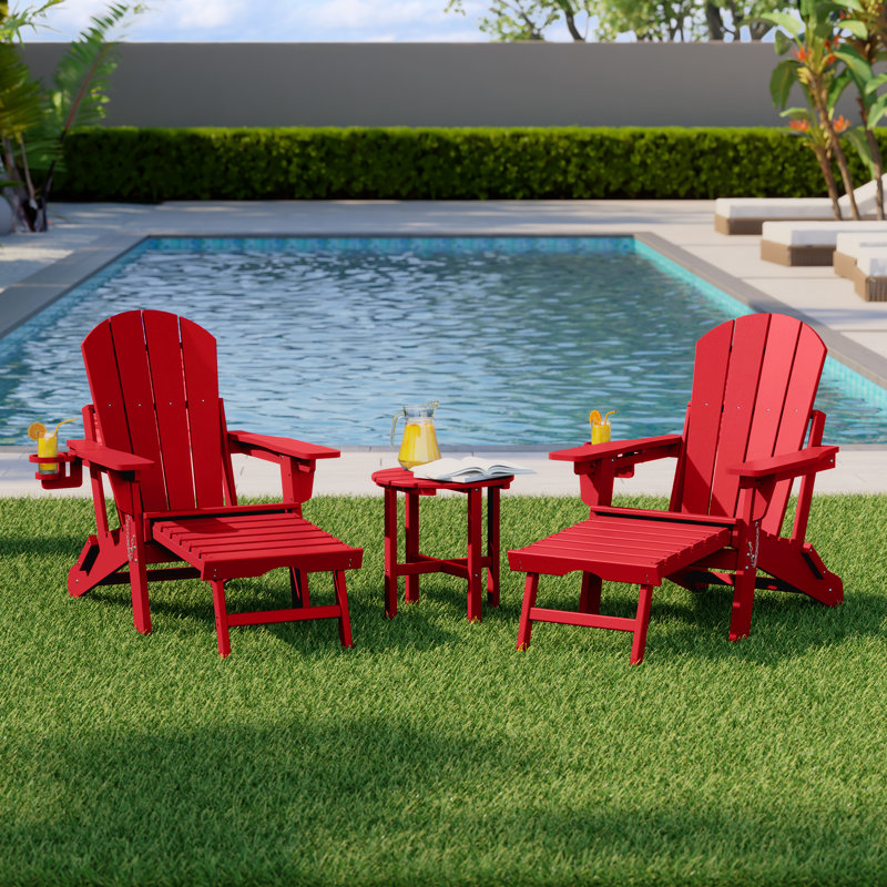 Outdoor Folding Adjustable Adirondack Chair With Hideaway Ottoman & Round Side Table, Red