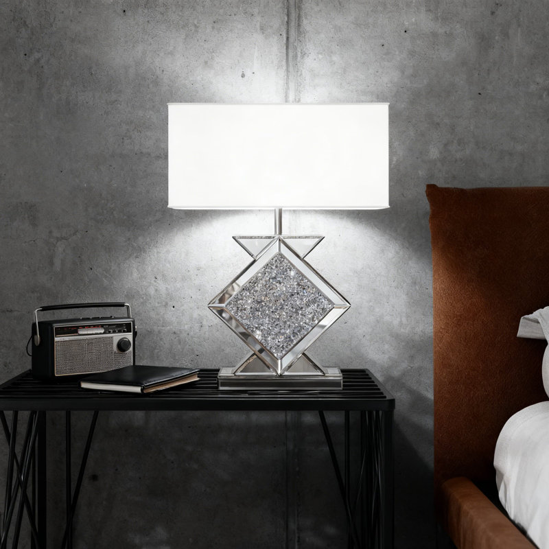 Modern Crushed Diamond Table Lamp With Mirrored Base And Linen Shade, 3-Way Dimmable Rectangular Bedside Lamp For Bedroom, Living Room, And Office Lighting