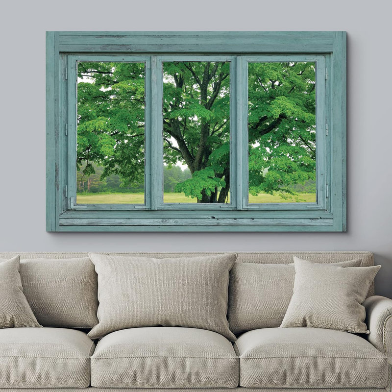 Window Looking at a Green Tree in a Field  Giclee Print Gallery Wrap Modern Home Art Ready to Hang, H 32 po x l 48 po