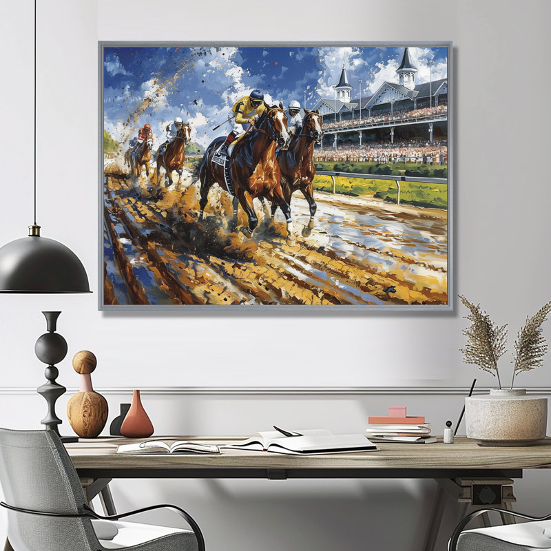 Marlyin - course de chevaux, art mural, H 34 po x l 44 po x P 1,5 po, Encadrement argenté