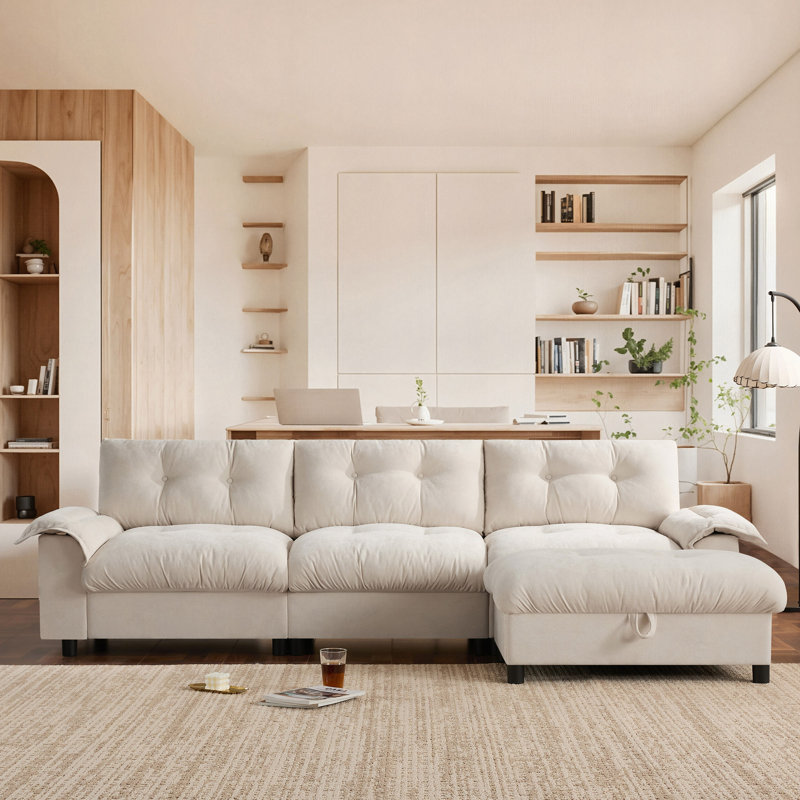 Canapé modulaire de 104 po x 60 po, en forme de L avec accoudoirs multifonctionnels, chargement à deux ports, porte-gobelet, poches de rangement latérales, repose-pieds de rangement mobile, conception capitonnée unique, coussin moelleux, chenille