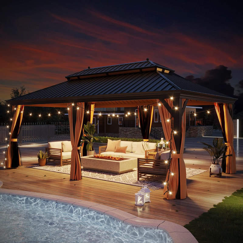 Pavillon de jardin en aluminium à toit rigide avec toit en acier galvanisé à double aération, moustiquaire et rideaux d'intimité pour la cour, le jardin, la terrasse et le bord de la piscine
