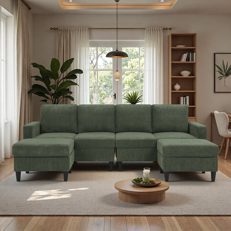 Canapé modulaire rembourré avec 2 repose-pieds, Vert foncé