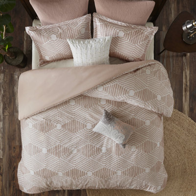 Housse de couette Queen Cotton Blush, motif géométrique, 2 taies décoratives incluses double / grand en rose, géométrique