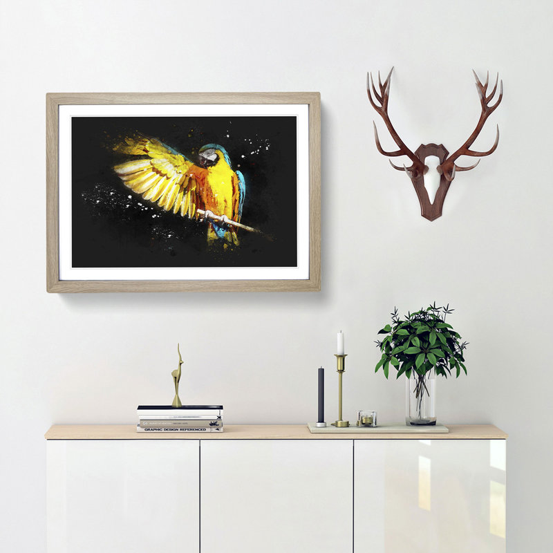 Yellow Macaw Parrot - Framed Print, 24cm H x 33cm W x 2cm D, Oak Framed