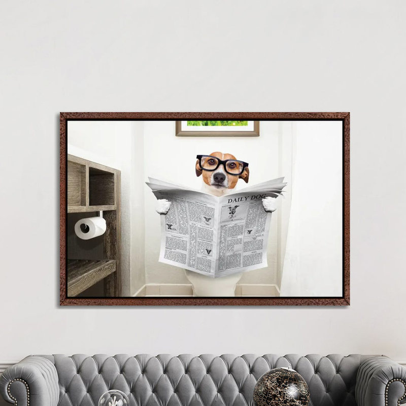 Dog on Toilet Seat Reading Newspaper I 1 Piece Wall Art on Canvas, 101.6cm H x 152.4cm W x 3.81cm D