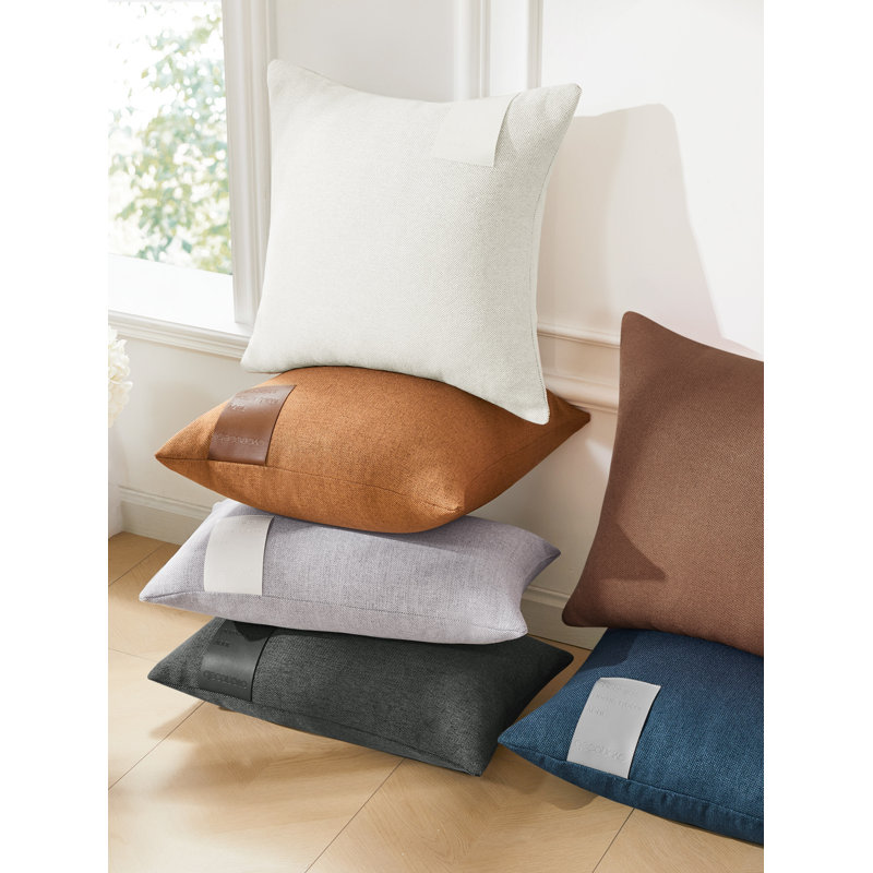 Decorative Linen Solid Throw Pillow Covers with Leather Label (Set of 4), Pumpkin, Rectangle, 16"H x 16"W