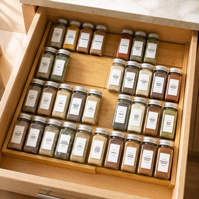 Expandable 4‑tier bamboo spice drawer insert, adjustable seasoning storage rack for kitchen cabinet organization, spice jars are not included