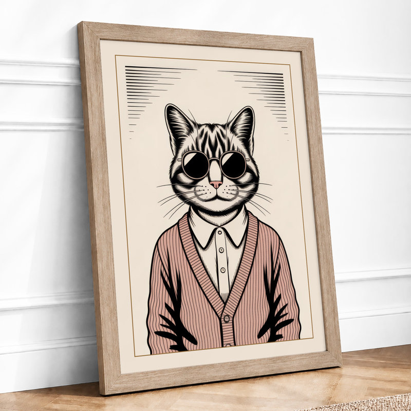 Cat in Cardigan Boho - Framed Print, A3 - 42.0 x 29.7 cm, Oak