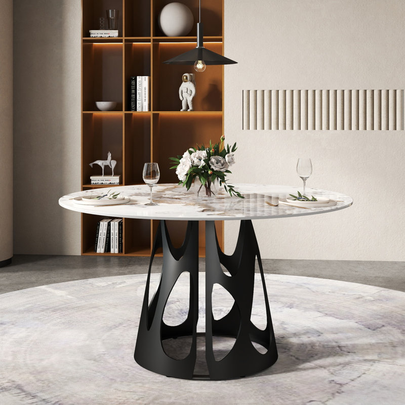 Table de salle à manger 53 po ronde en marbre avec base en fer noir, marbre artificiel pour 6 personnes, table de salle à manger / salon (table de salle à manger seulement)