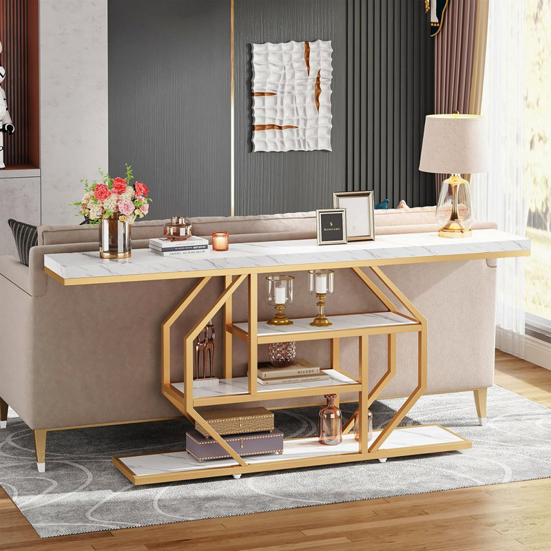Console moderne 70,9 po, 4 niveaux, faux marbre pour le salon - blanc / or