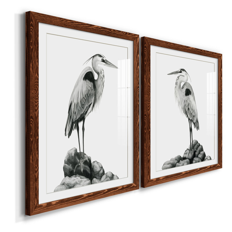 Shoreline Heron en noir et blanc I encadré mat - prêt à accrocher, H 31,5 po x l 47 po x P 1 po, Érable encadré
