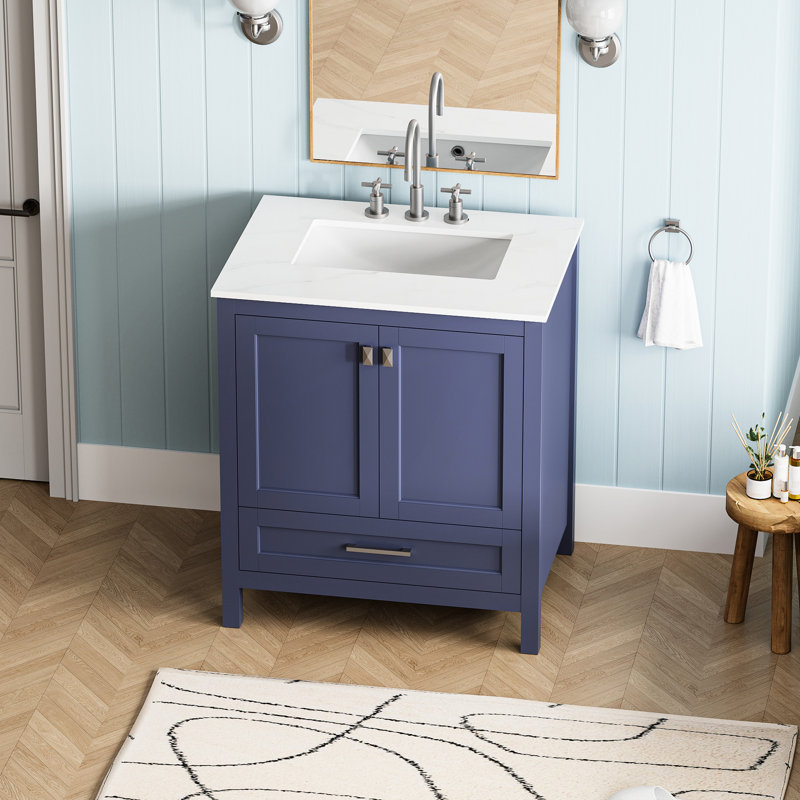 Meuble-lavabo bleu marine avec lavabo 30 po 24V03-30Nb. Entièrement assemblé. Comptoir en marbre. Structure en bois massif. Système de fermeture en douceur. Décoration moderne. P 30,18 po x l 18,5 po. H 33,4,4 lb.
