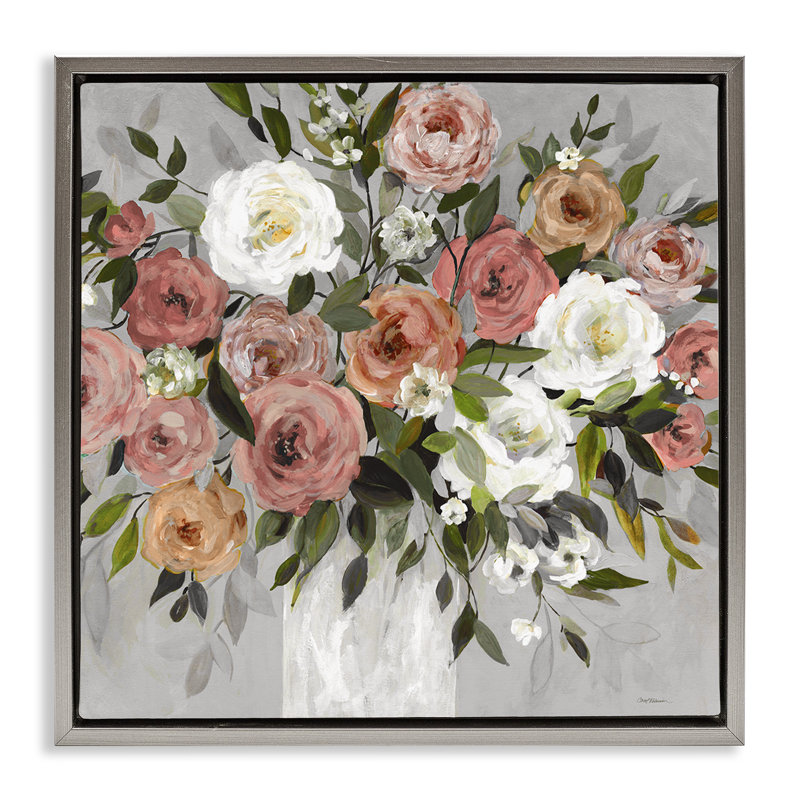 "Varied Roses Bouquet", art mural encadré par Carol Robinson, Cadre flottant gris lustré, H 18 po x l 18 po