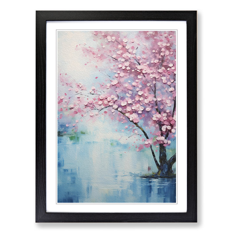 Cherry Blossom Tree Impressionism - Single Picture Frame Print on Wood, 46cm H x 34cm W x 2cm D, Black Framed