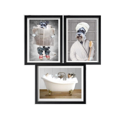 Set of Schnauzer Funny Bathroom Prints - Dog on Toilet Wall Art - Dog Print