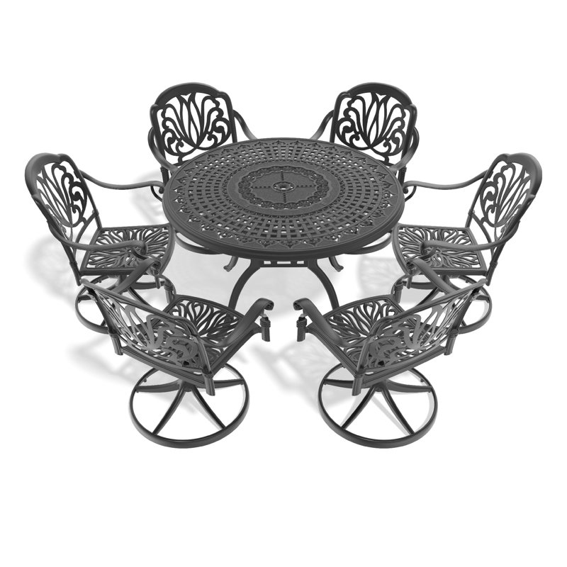 Ensemble de salle à manger 7 pièces en aluminium coulé toutes saisons avec 6 chaises pivotantes et une table, noir