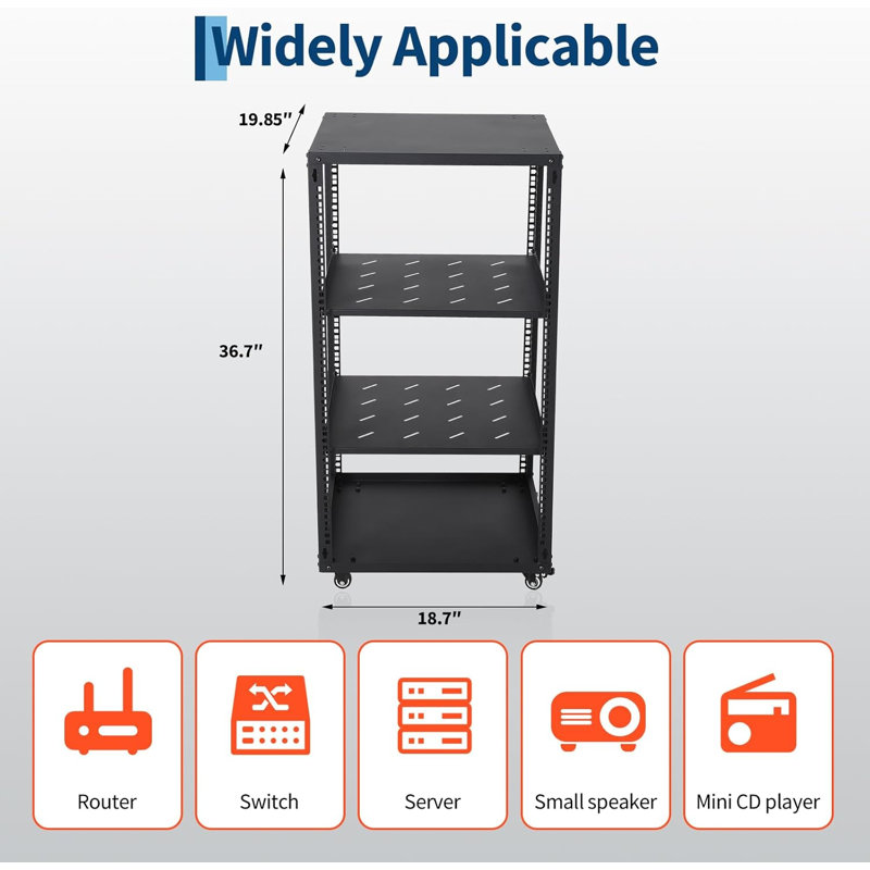 Étagère de service robuste à cadre ouvert 12U avec roulettes, armoire IT à fixation murale, 2 tablettes 1U, supports d'ordinateur et armoire audiovisuelle