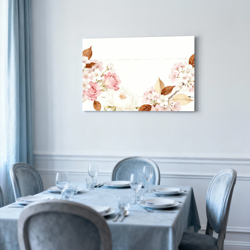 Ensemble de 1 tableau sur toile tendue représentant des roses et des fleurs de cerisier, H 24 po x l 36 po