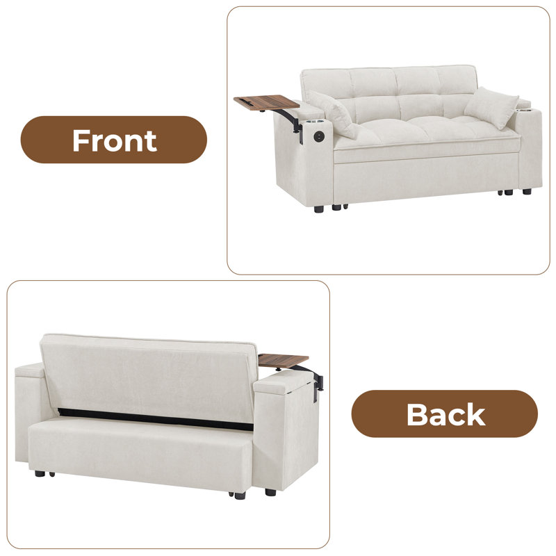 Chenille Convertible Loveseat with Storage Armrest, USB Port & Side Table, Beige Chenille